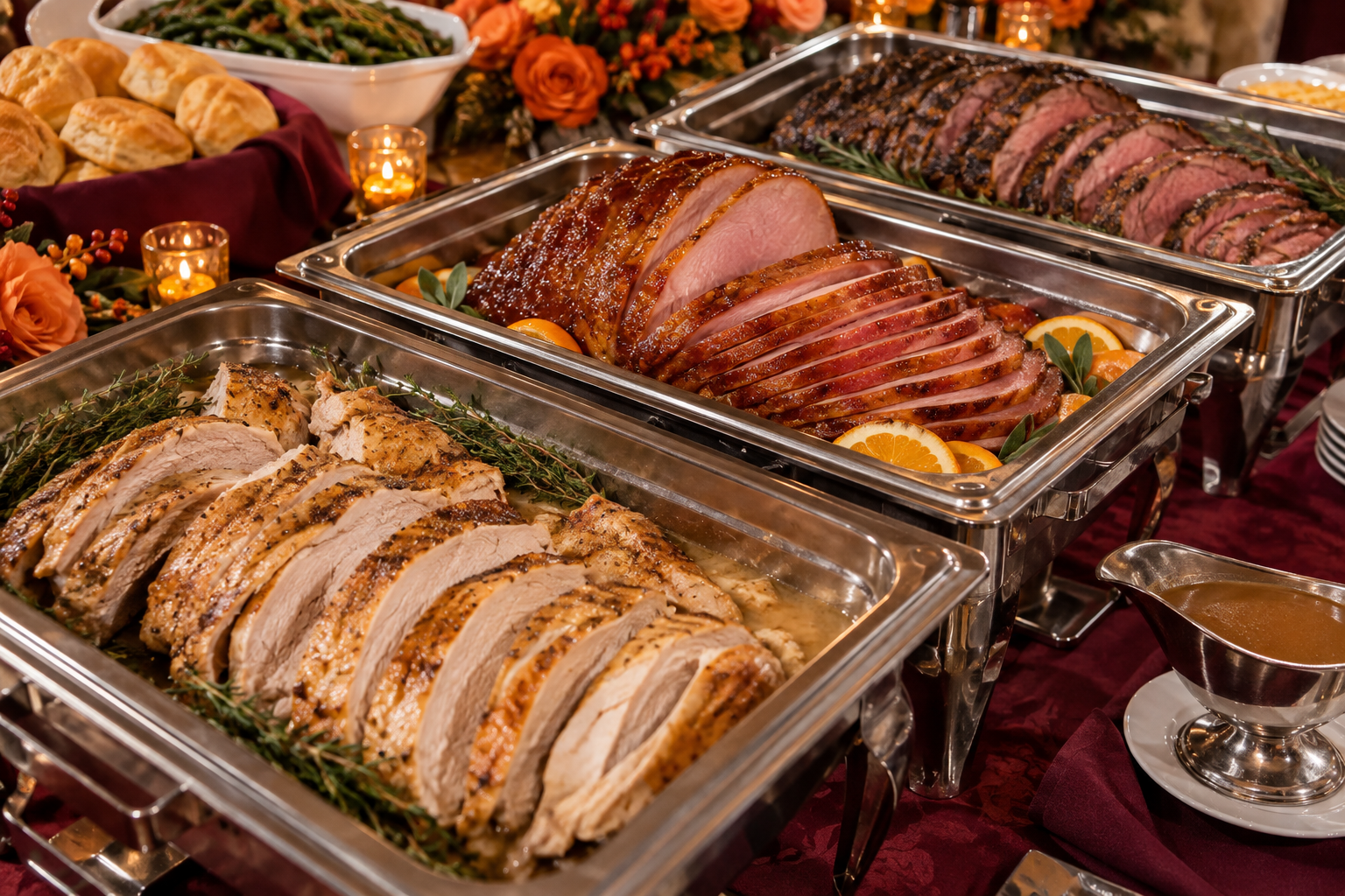 Roasted turkey, glazed ham and roast beef in elegant catering trays