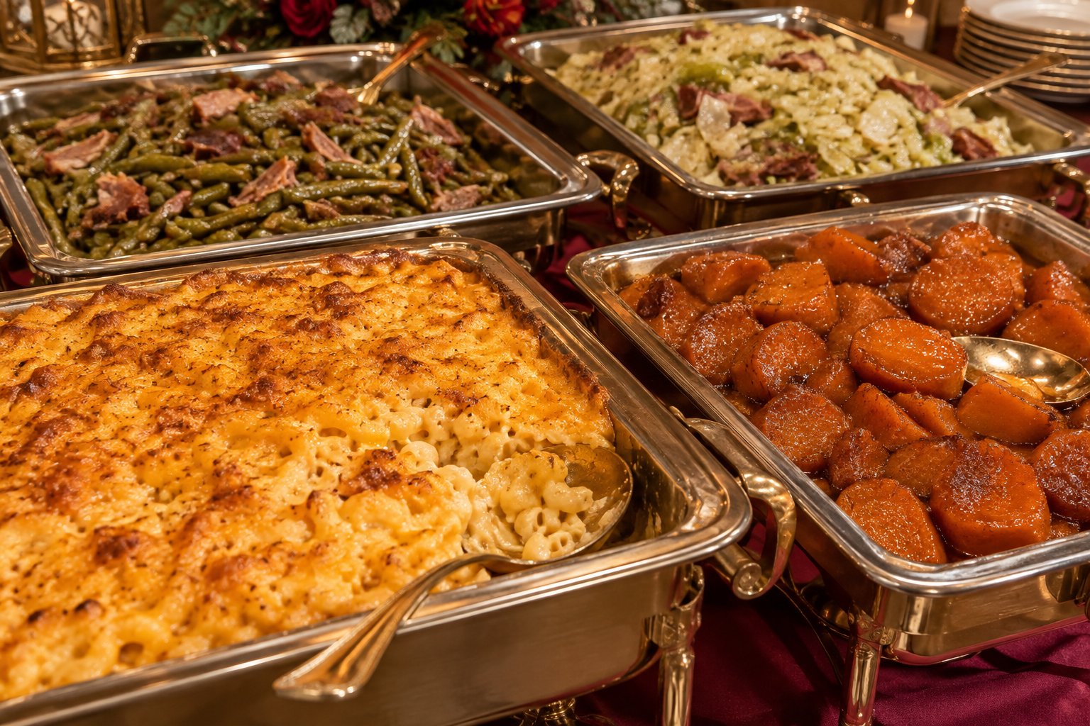 Baked macaroni and cheese, candied yams, green beans and cabbage