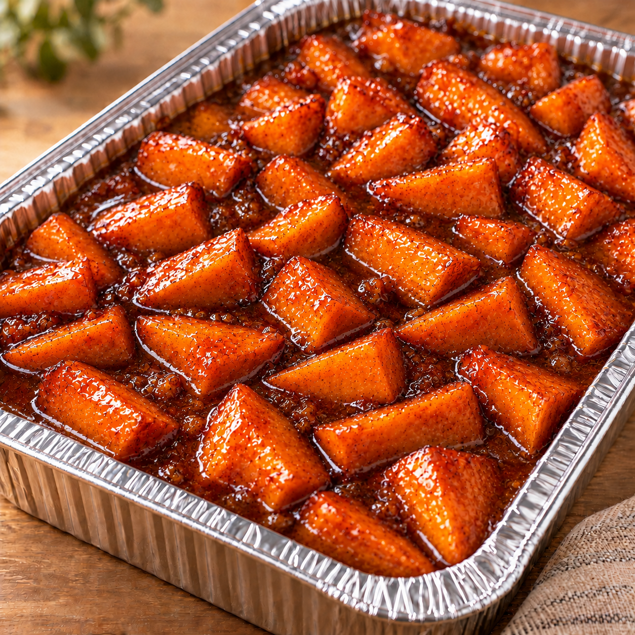 Illustrative catering pan of cut candied yam spears in glossy syrup