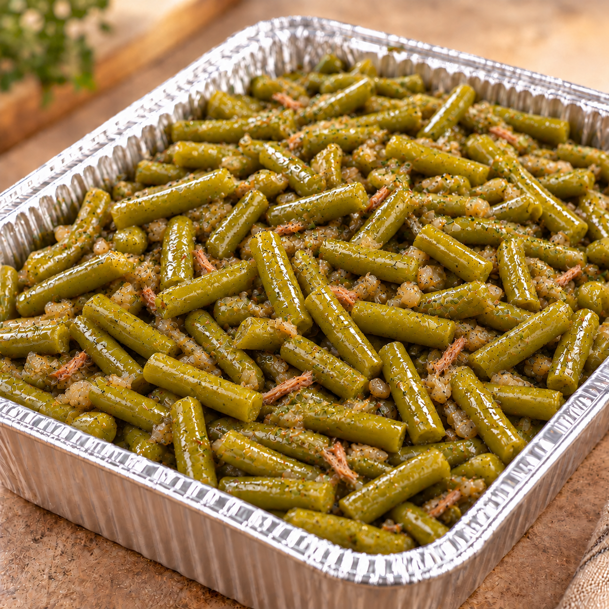 Illustrative catering pan of cut green beans with shredded boneless smoked turkey