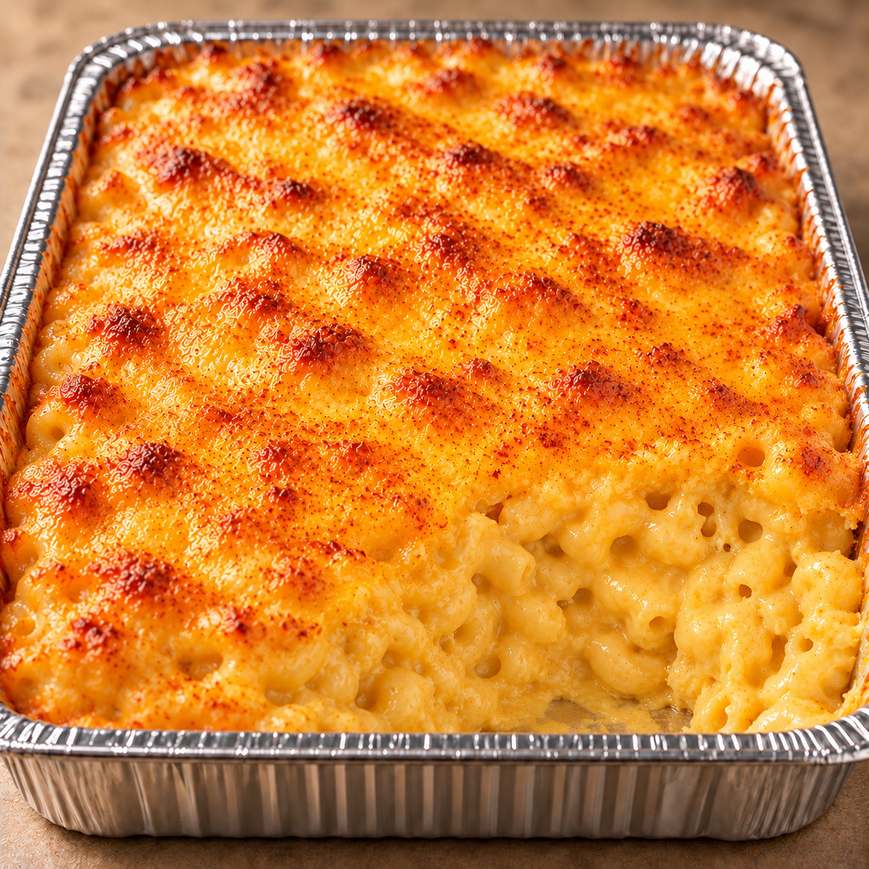 Illustrative catering pan of creamy baked mac and cheese with a golden seasoned top