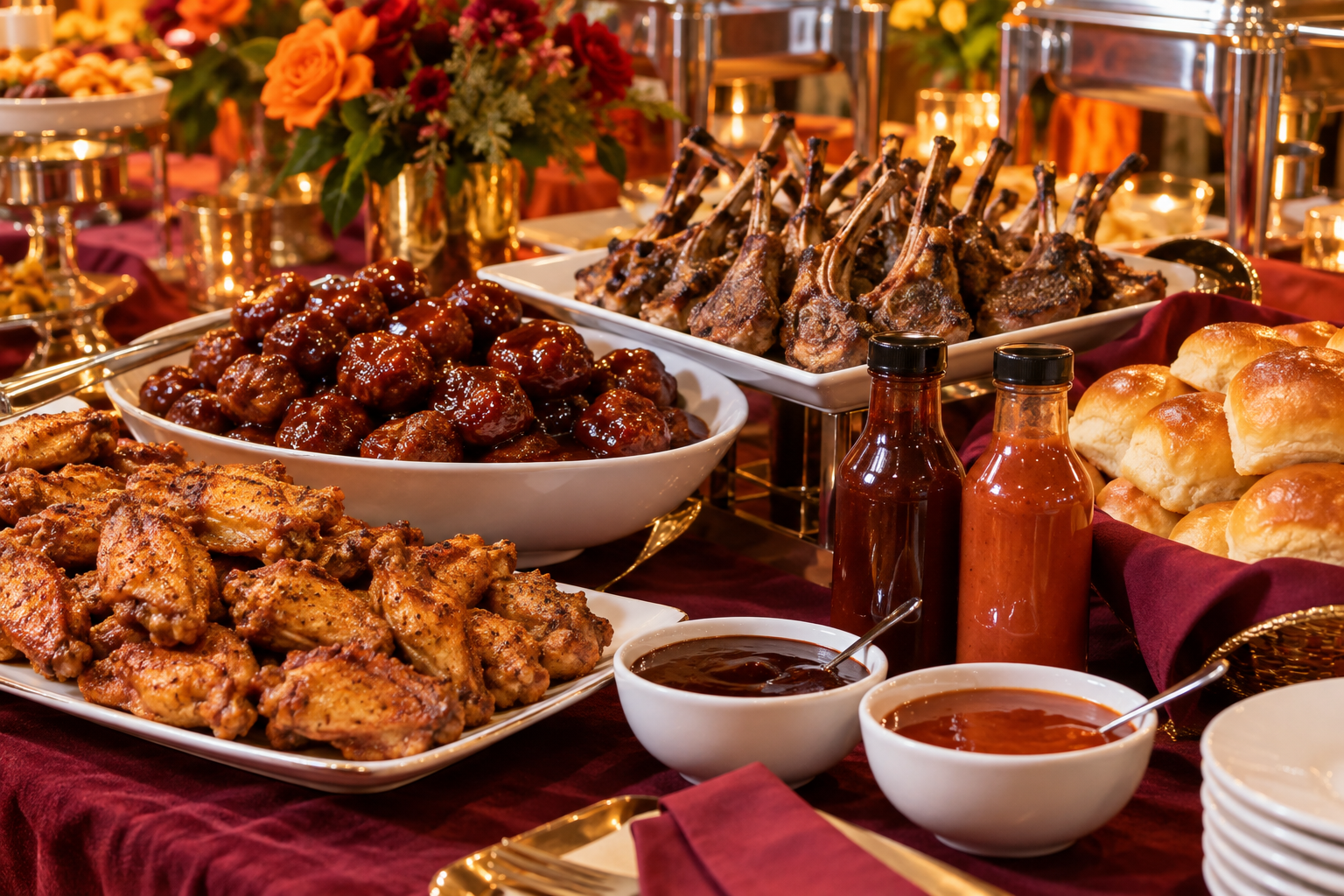 Chicken wings, signature meatballs, lamb chops, rolls and sauces