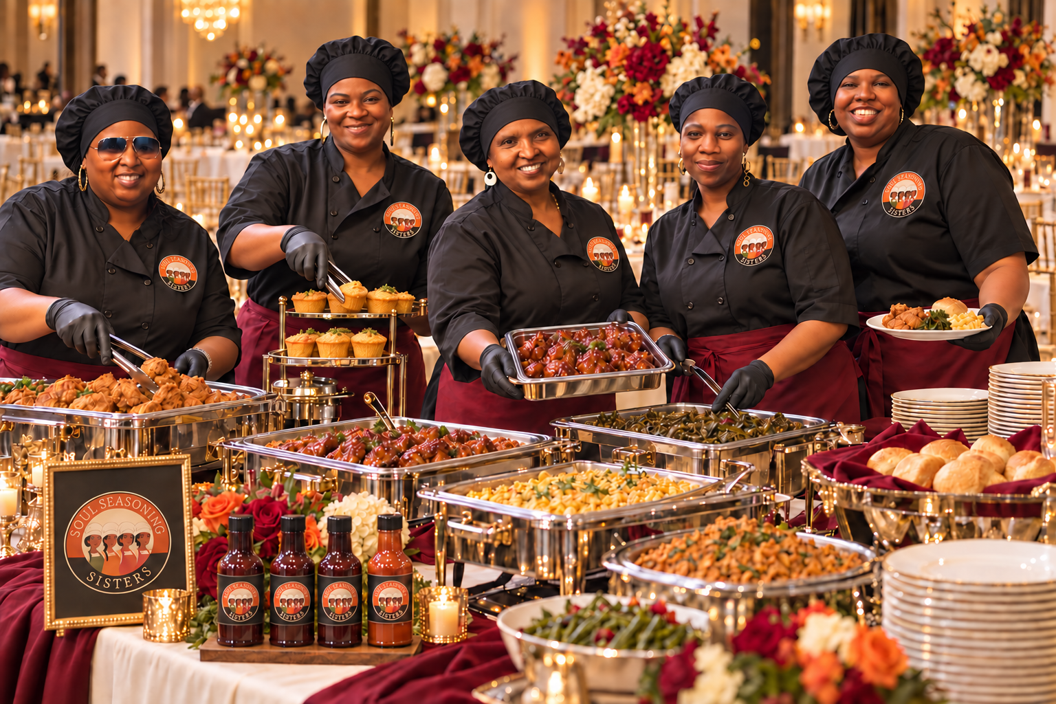 The Soul Seasoning Sisters and their mother wearing professional hair coverings while presenting an elegant catered event