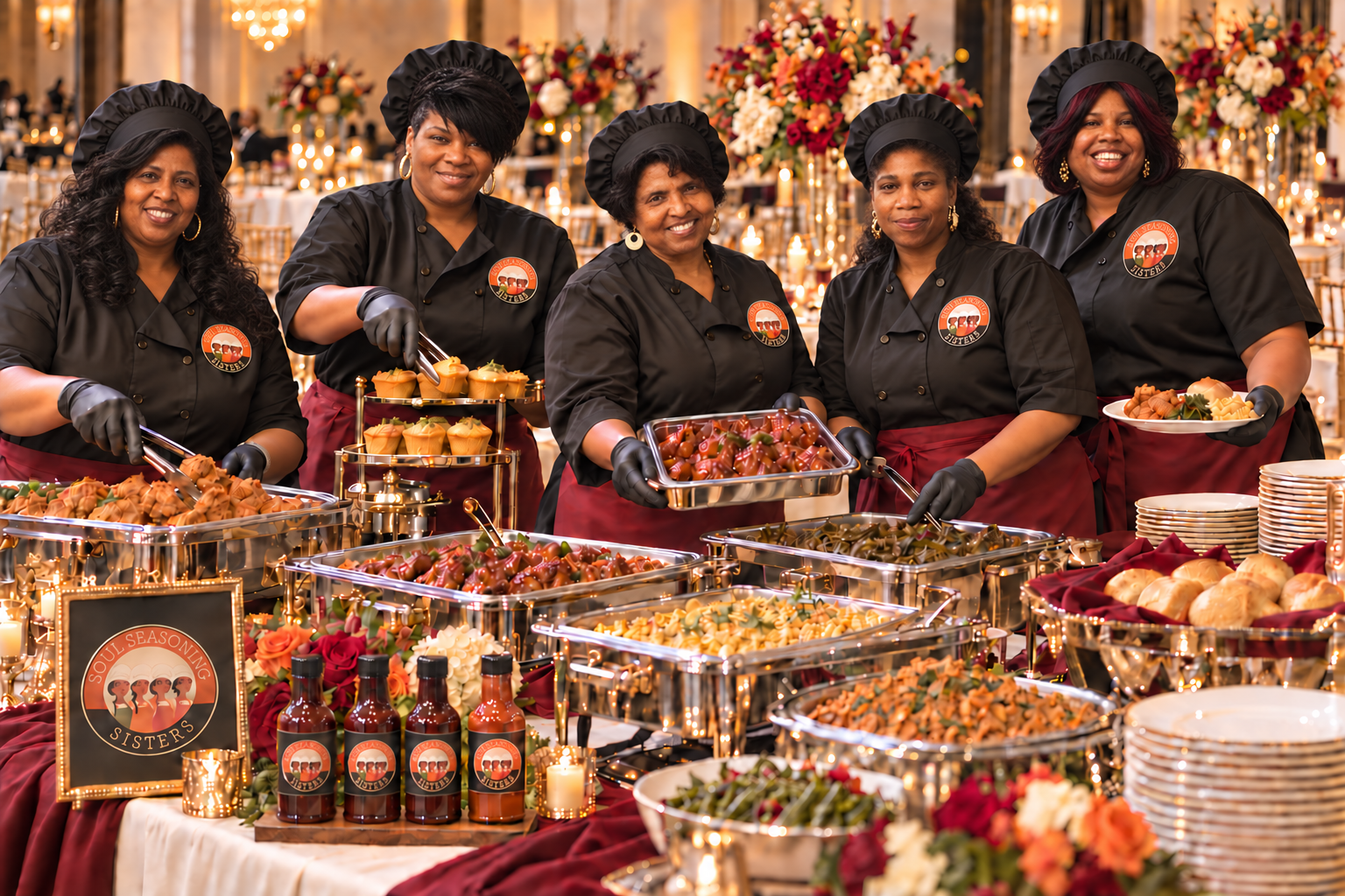 Michelle, Danita, their mother, Rochelle and Samantha wearing professional hair coverings while presenting an elegant catered event