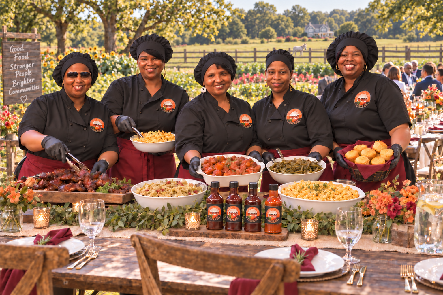 Soul Seasoning Sisters in professional hair coverings presenting an elegant farm dining experience