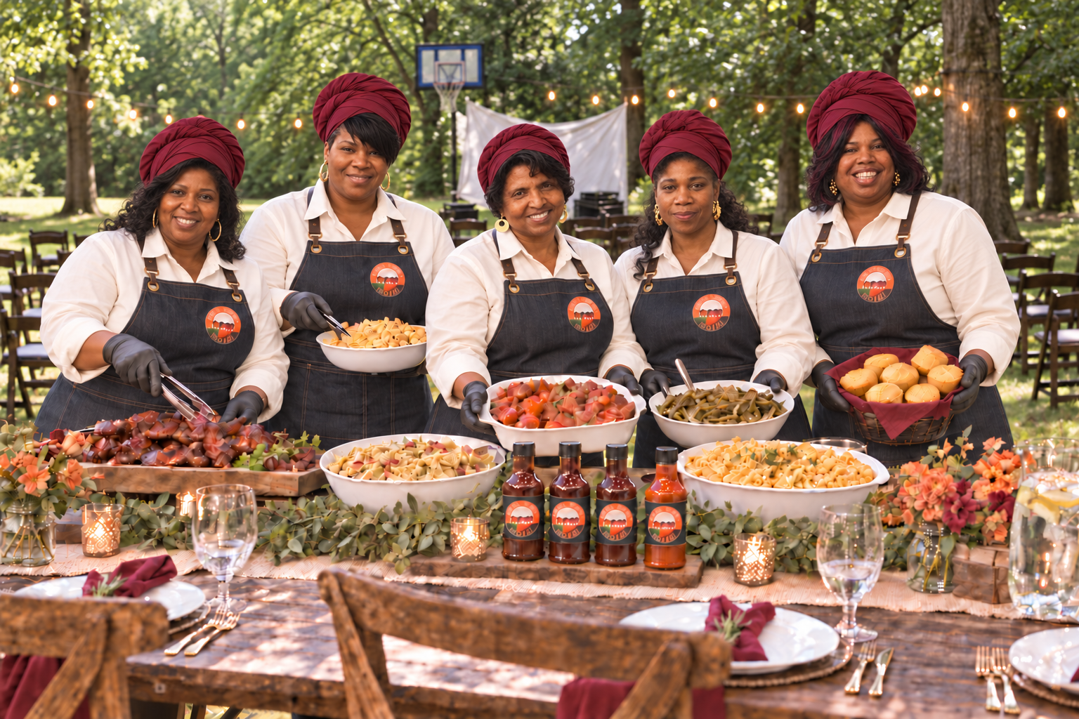 Soul Seasoning Sisters in coordinated farm-dining uniforms presenting an elegant wooded outdoor experience