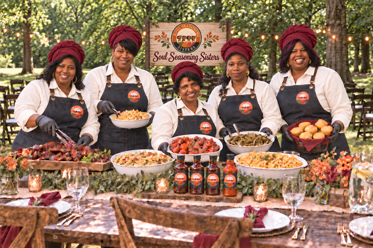 The Soul Seasoning Sisters family presenting a farm dining experience beneath a straight wooden sign displaying their logo