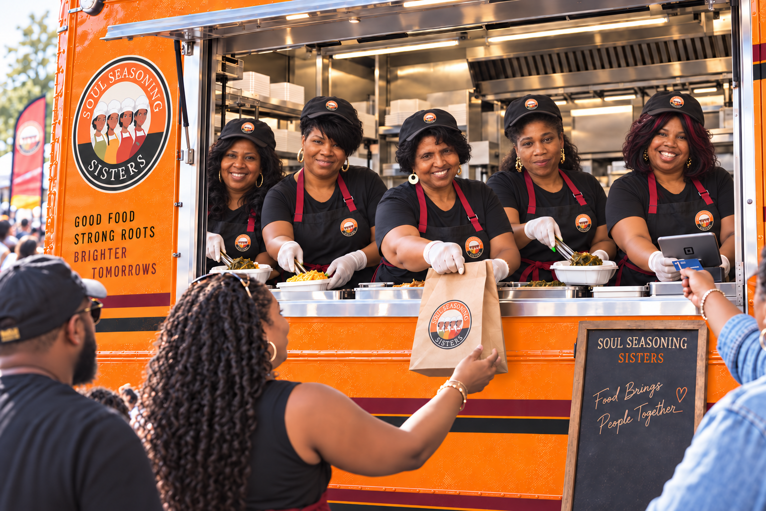 The five Soul Seasoning Sisters serving customers from their tangerine-orange food truck at a busy outdoor festival