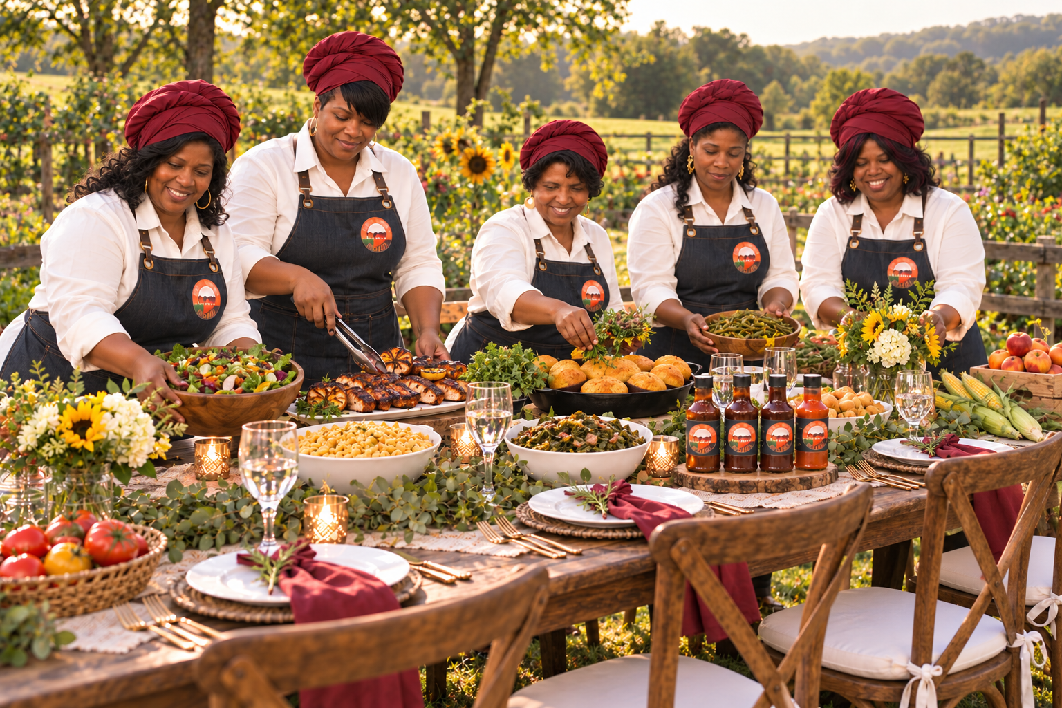 The five Soul Seasoning Sisters preparing an elegant farm table with fresh local produce